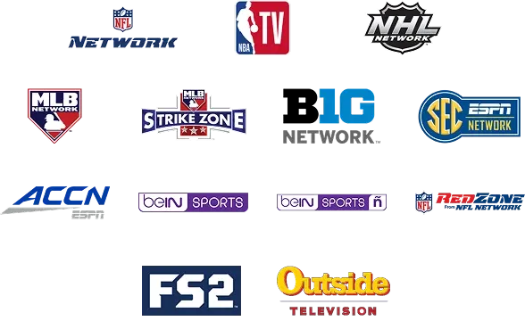 logos for various sports channels, including NFL Network, NBA TV, NHL Network, MLB Network, MLB Strike Zone, Big Ten Network, SEC Network, ACC Network, beIN Sports, beIN Sports ñ, NFL RedZone, FS2, and Outside Television.